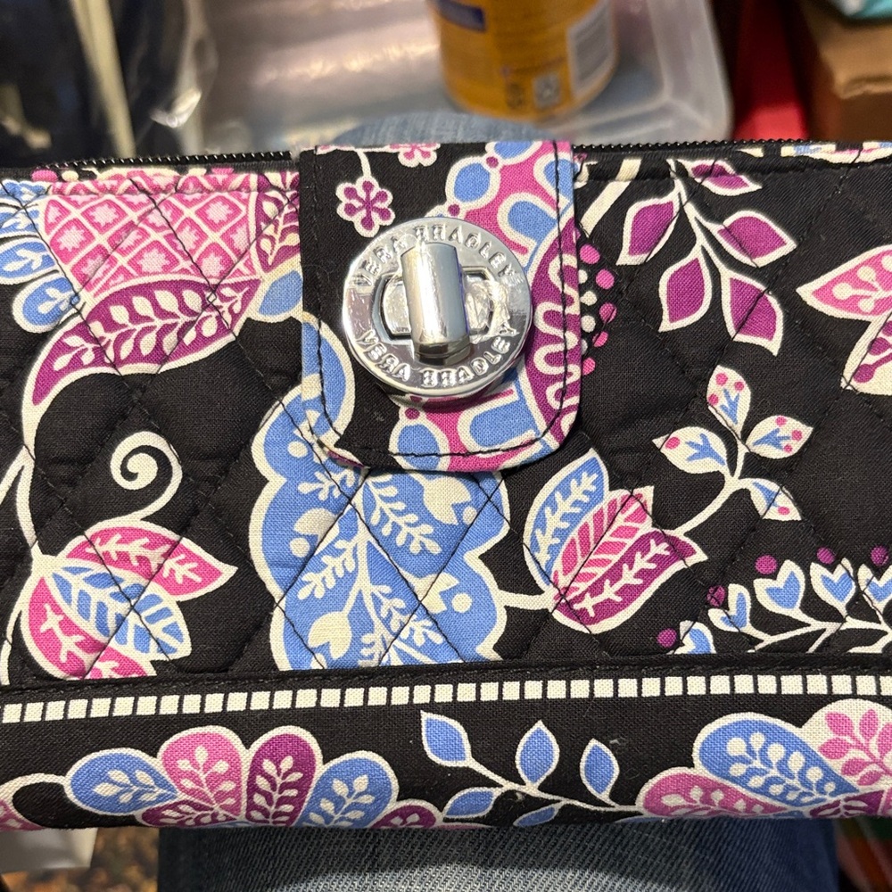 Vera Bradley Quilted Floral Wallet in Black, Pink & Blue